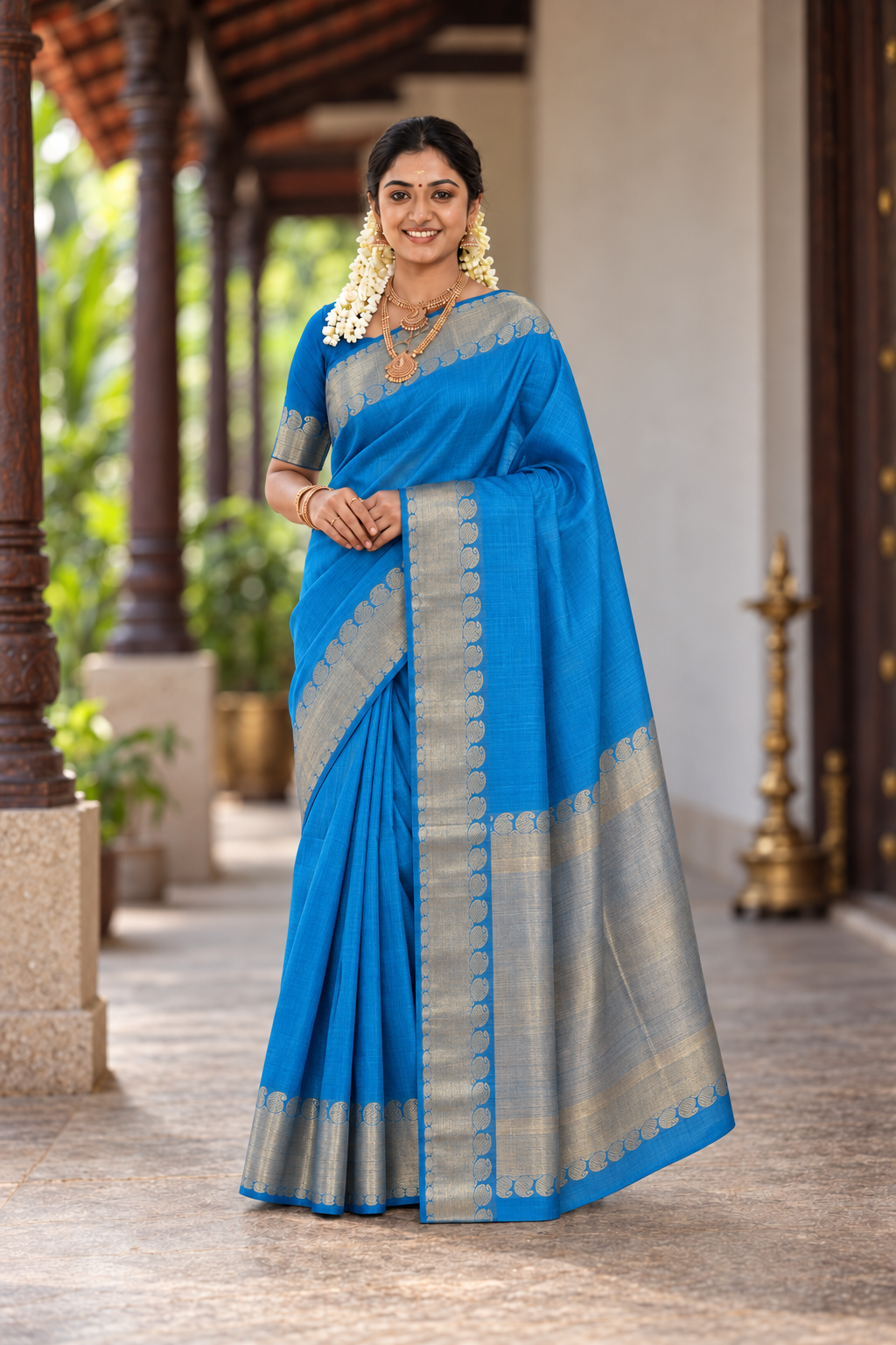 Copper Sulphate Blue Simple Silk Cotton Saree With Plain Pattern