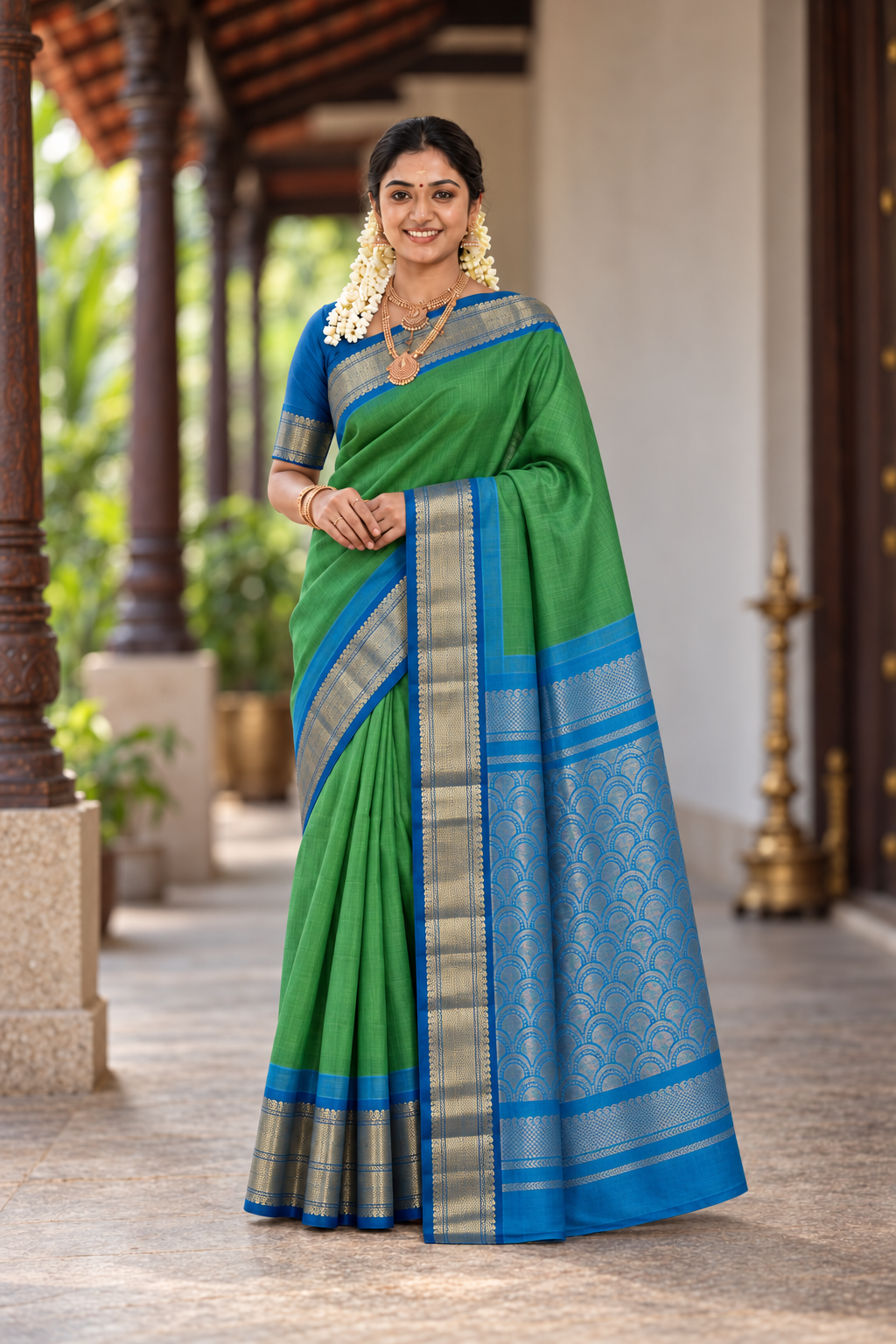 Green Korvai Silk Cotton Saree With Plain Pattern