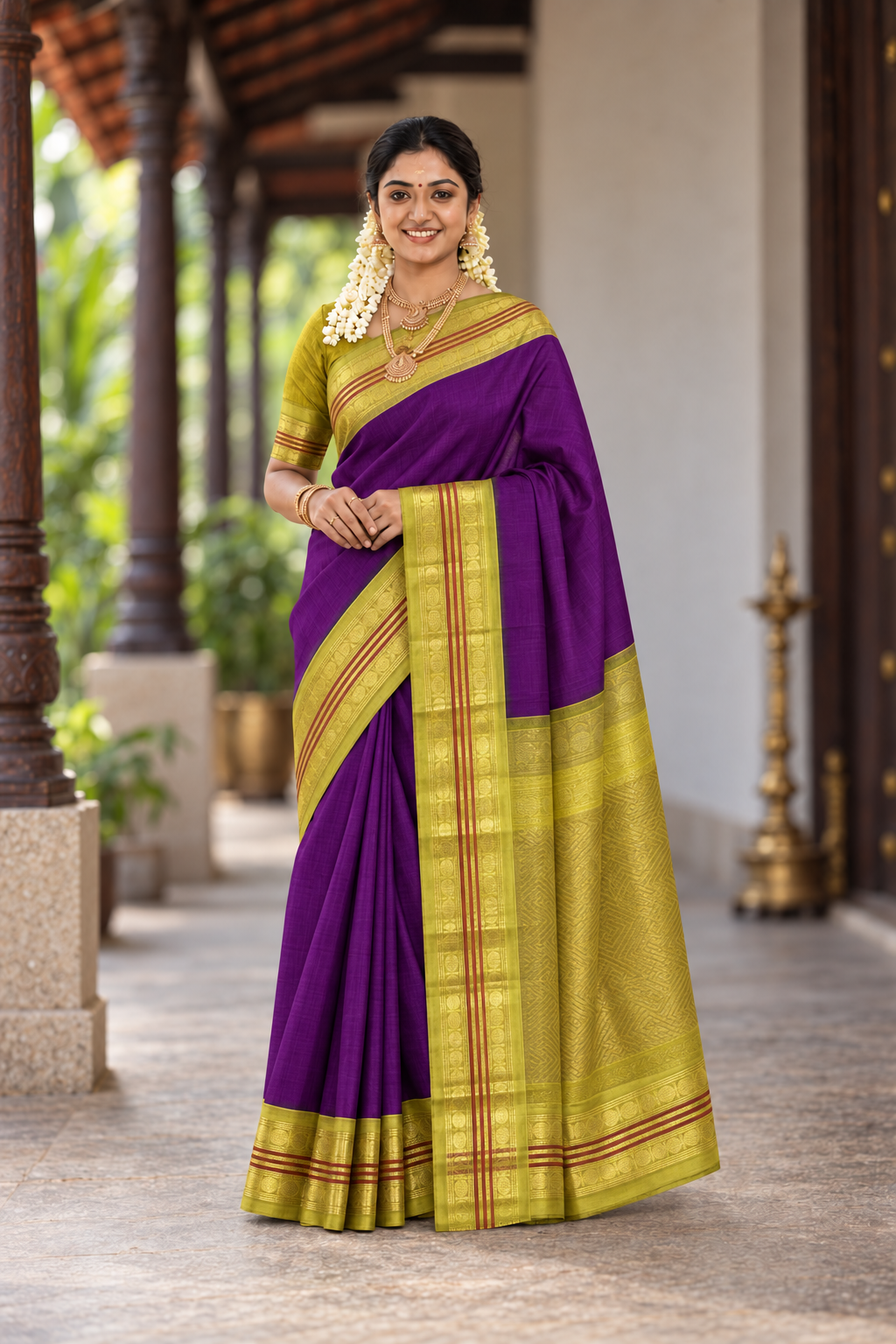 Dual Tone Purple Korvai Silk Cotton Saree With Plain Pattern