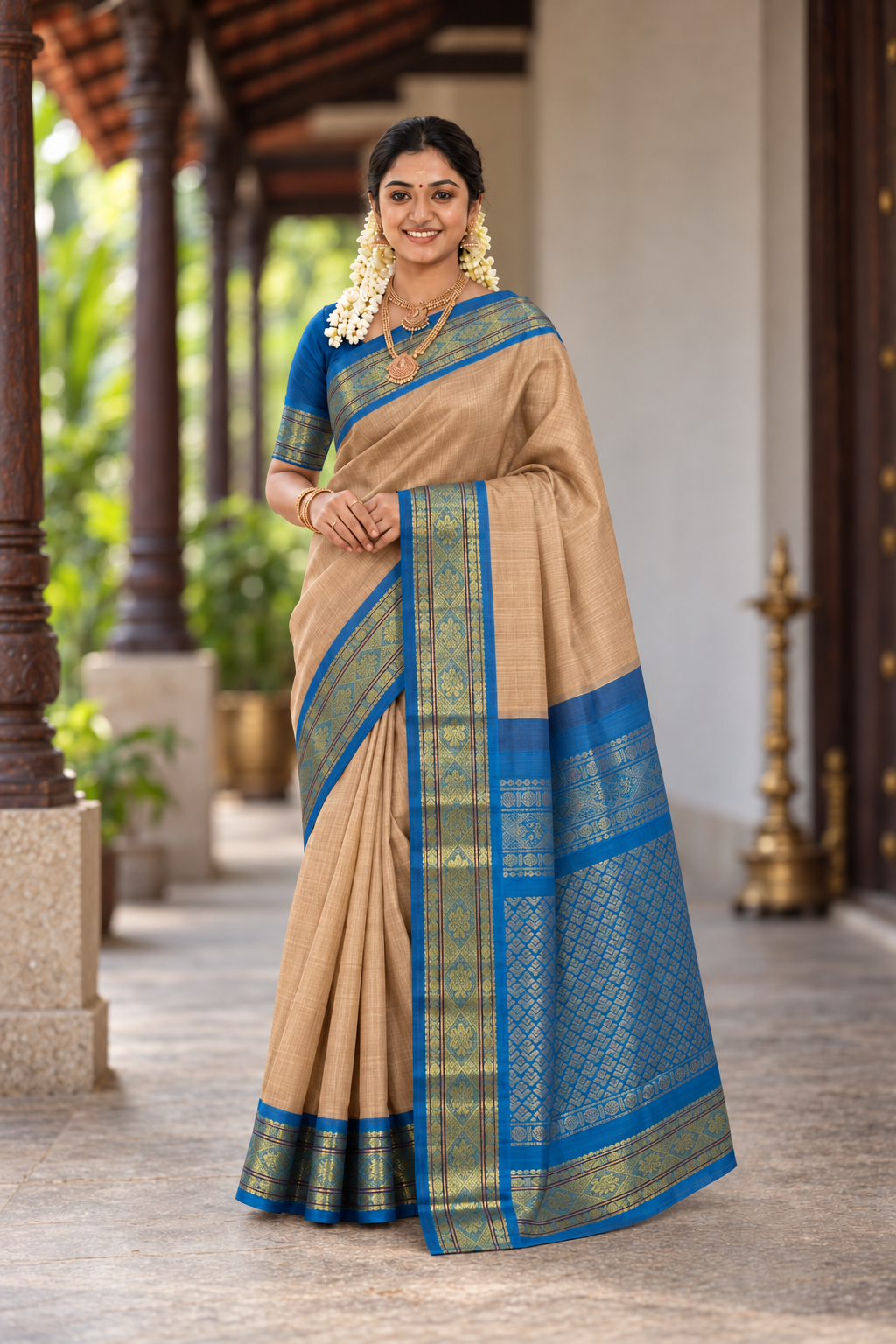 Chikku Shade Korvai Silk Cotton Saree With Plain Pattern