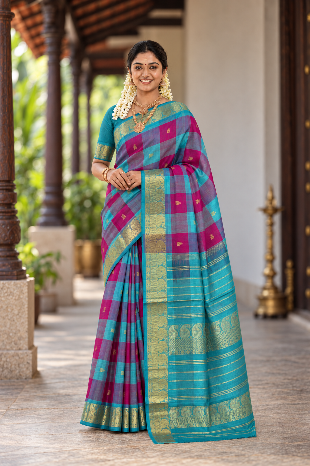 Multi Colour Checked Saree With Paalum Pazham Kattam Pattern