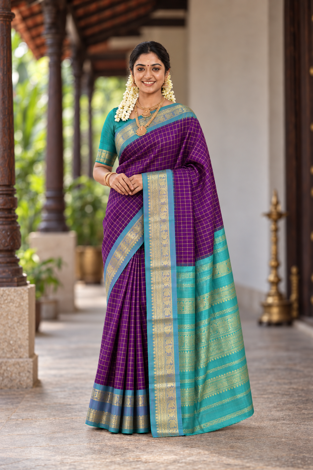 Purple Checked Saree With Zari Checked Pattern