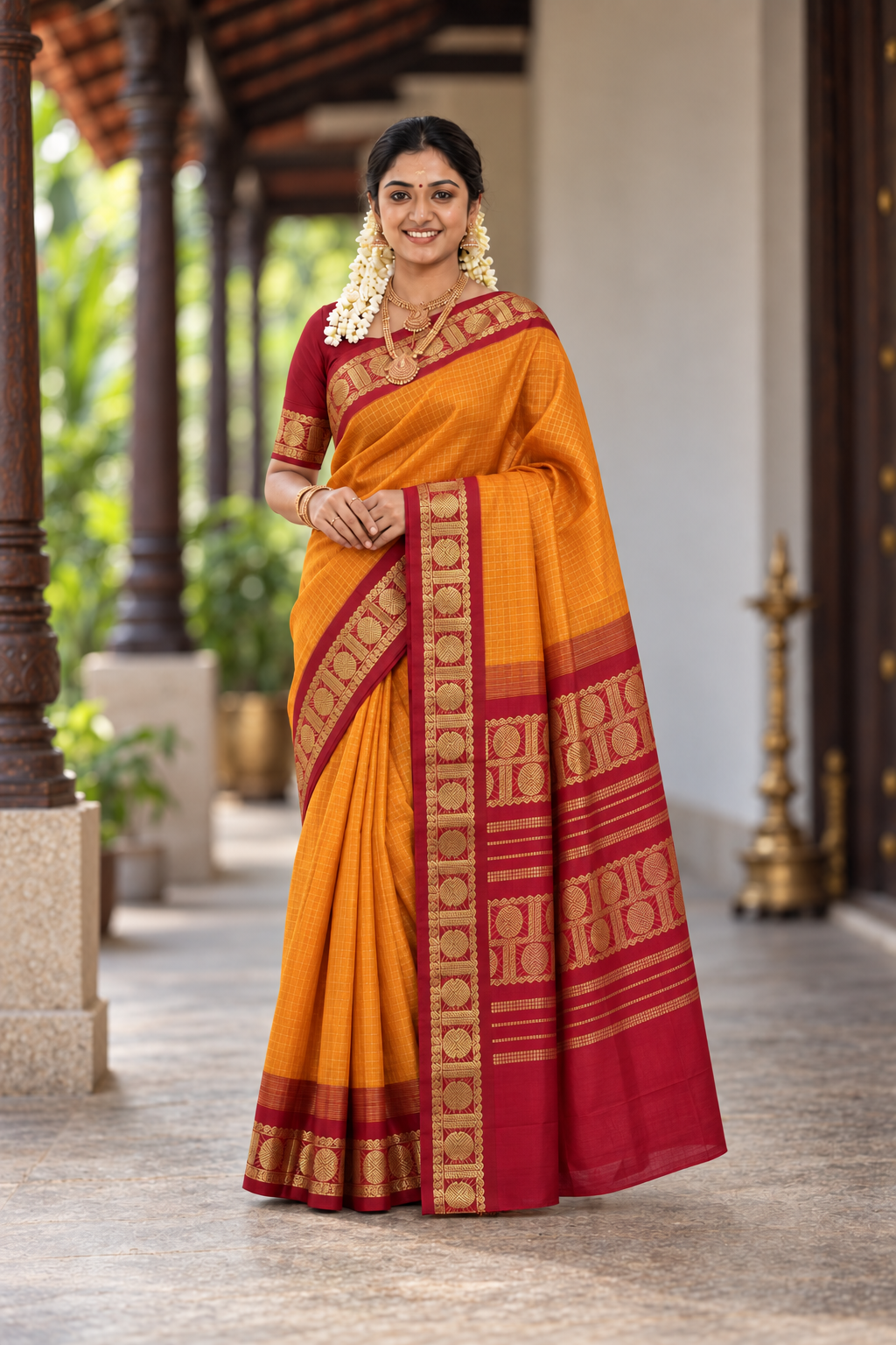 Yellowish Orange Kanchi Semi Silk Cotton Saree With Zari Checked Pattern