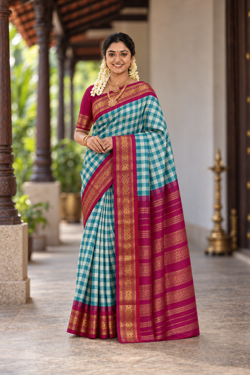 Multi Colour Checked Saree With Paalum Pazham Kattam Pattern