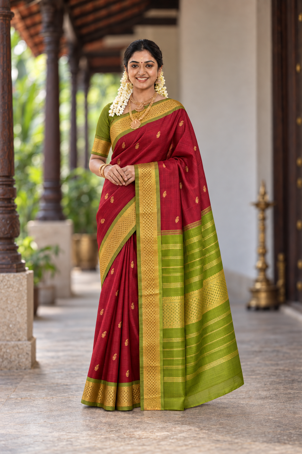 Maroon Vaira Oosi Silk Cotton Saree With Vaira Oosi Pattern