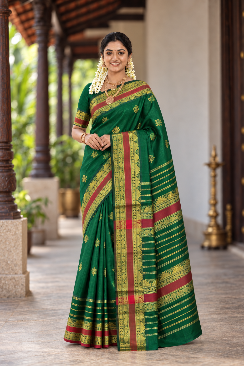 Bottle Green Simple Silk Cotton Saree With Kolam Butta Pattern