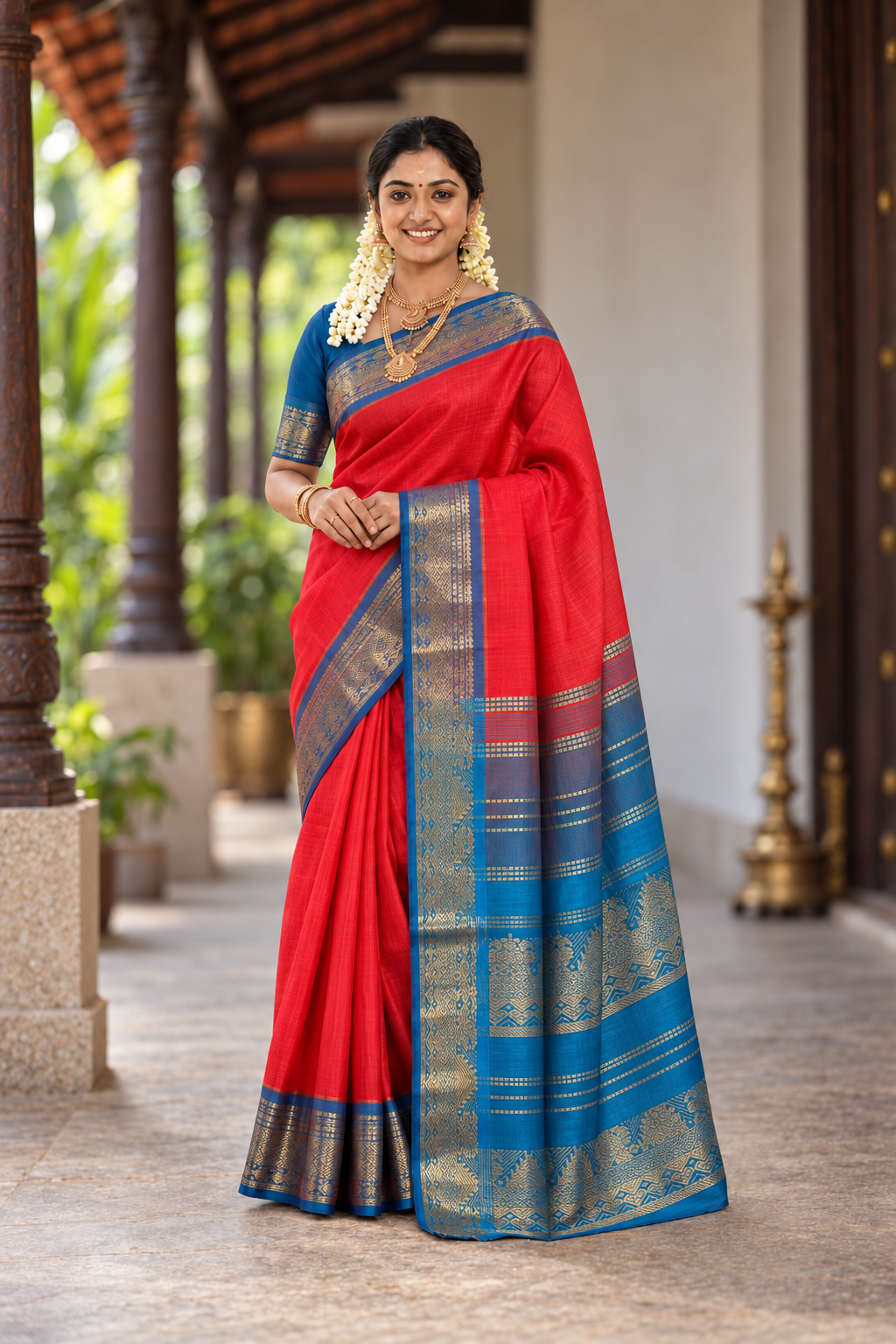 Reddish Pink Vaira Oosi Silk Cotton Saree With Vaira Oosi Pattern