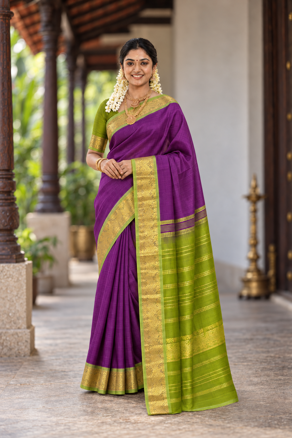Dark Brinjal Vaira Oosi Silk Cotton Saree With Vaira Oosi Pattern