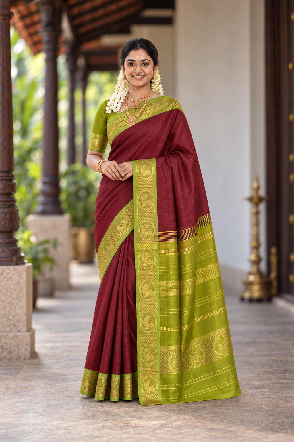 Brown Vaira Oosi Silk Cotton Saree With Vaira Oosi Pattern