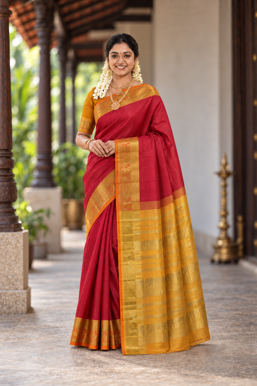 Red Vaira Oosi Silk Cotton Saree With Vaira Oosi Pattern