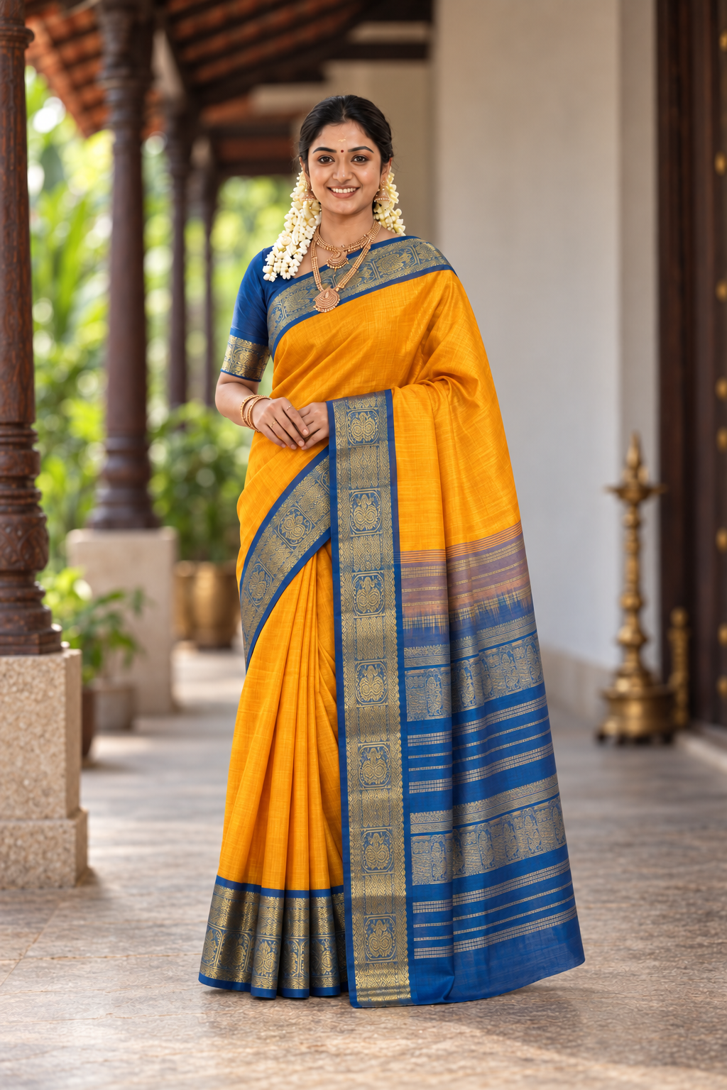 Yellowish Orange Simple Silk Cotton Saree With Plain Pattern