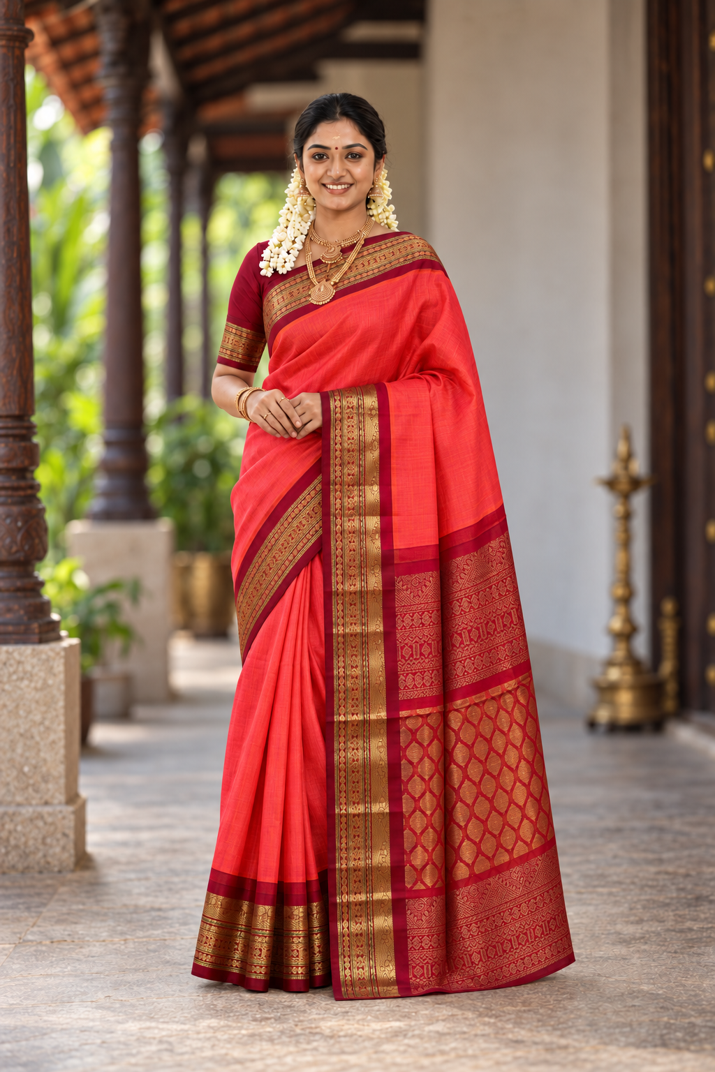 Dual Tone Pink Korvai Silk Cotton Saree With Plain Pattern