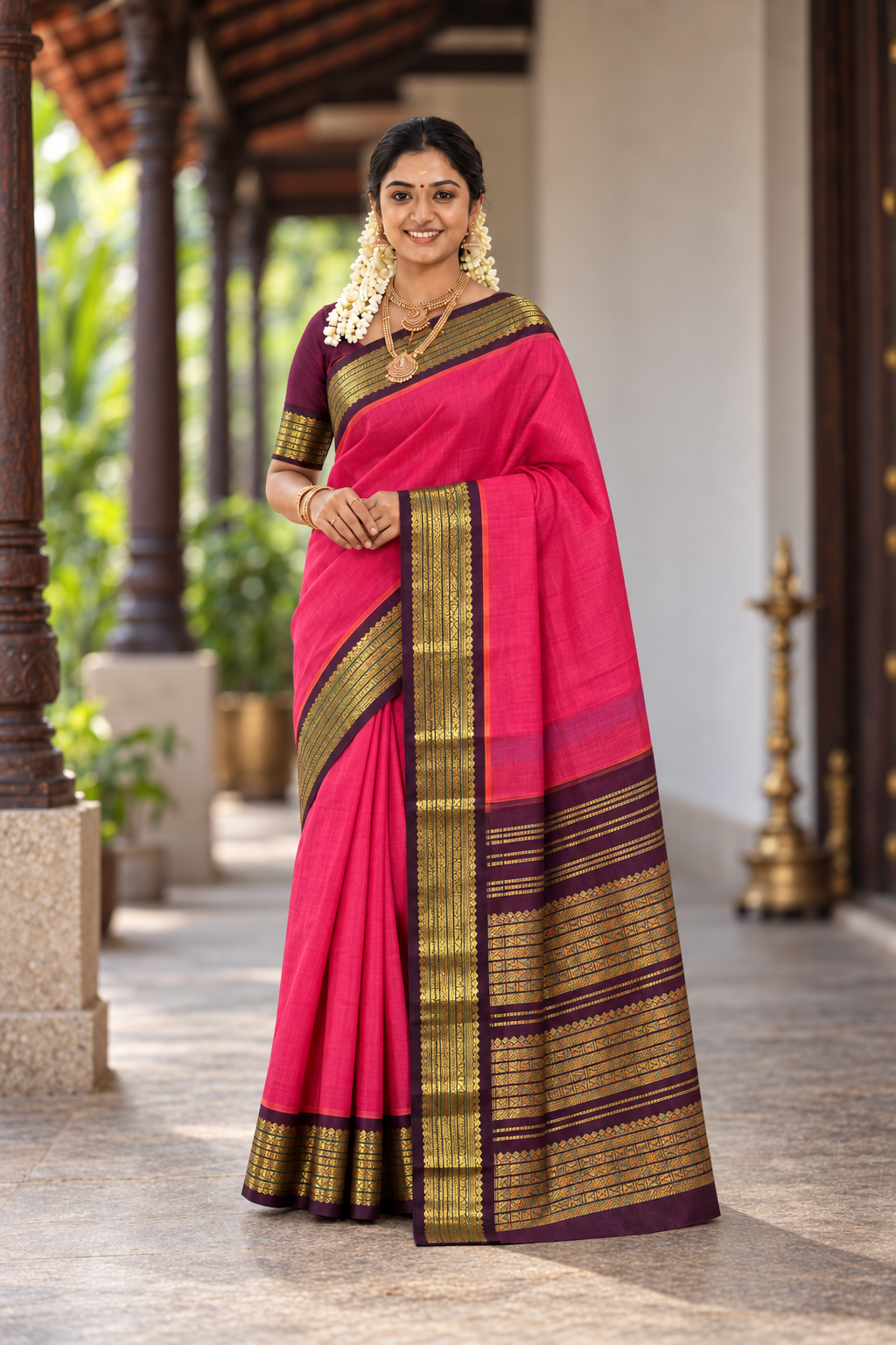 Dual Tone Pink Korvai Silk Cotton Saree With Plain Pattern