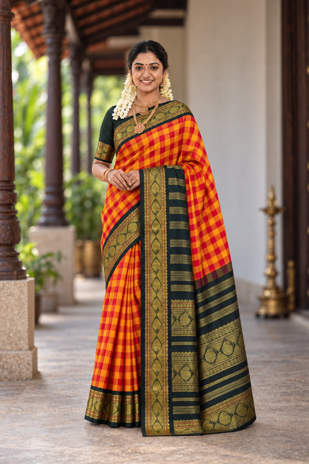 Multi Colour Checked Saree With Paalum Pazham Kattam Pattern