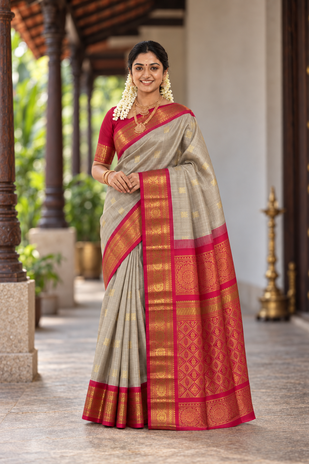 Grey Korvai Silk Cotton Saree With Zari Buttas Pattern