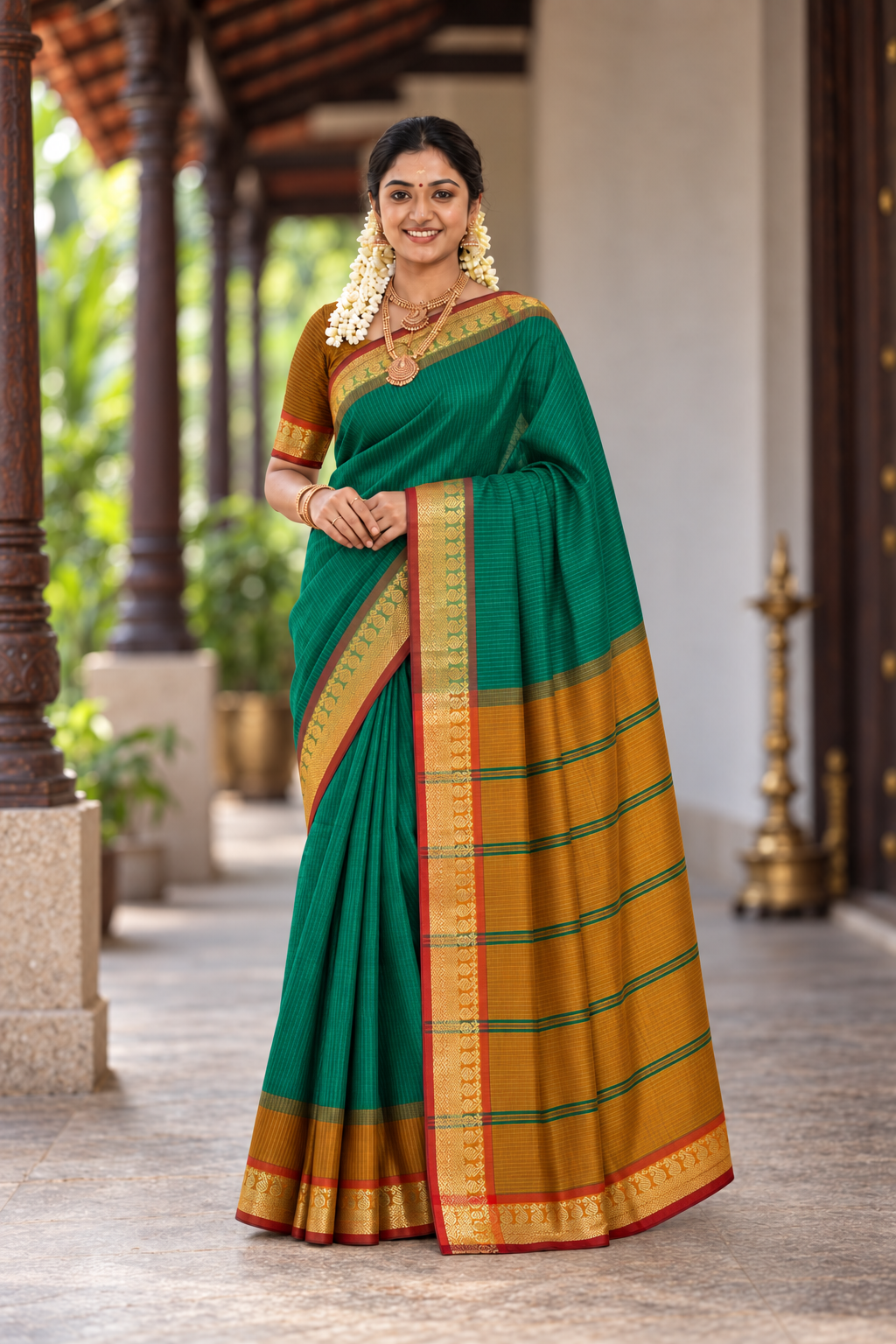 Green Half Pure Silk Cotton Saree With Doria Lines Pattern