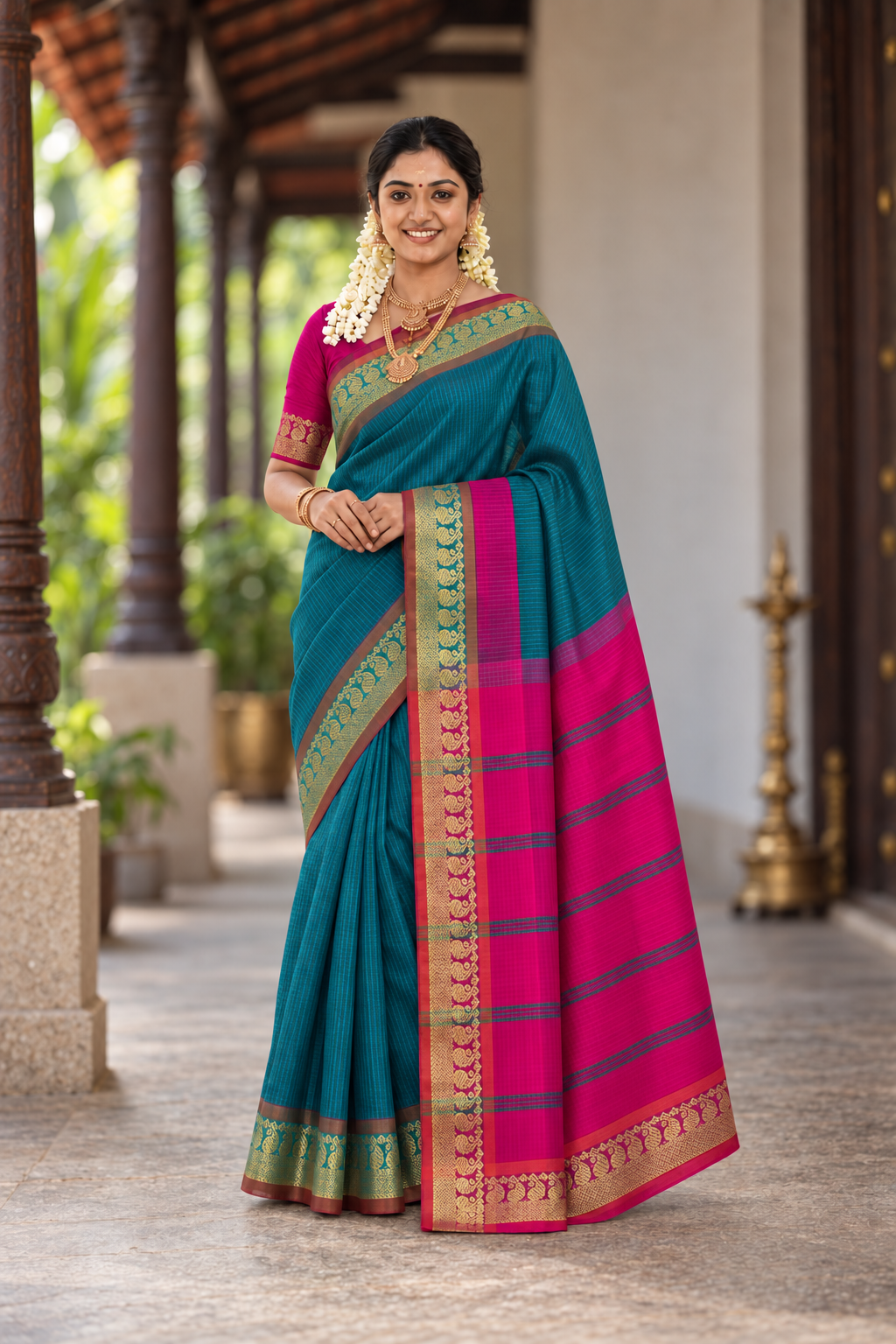 Teal Half Pure Silk Cotton Saree With Doria Lines Pattern
