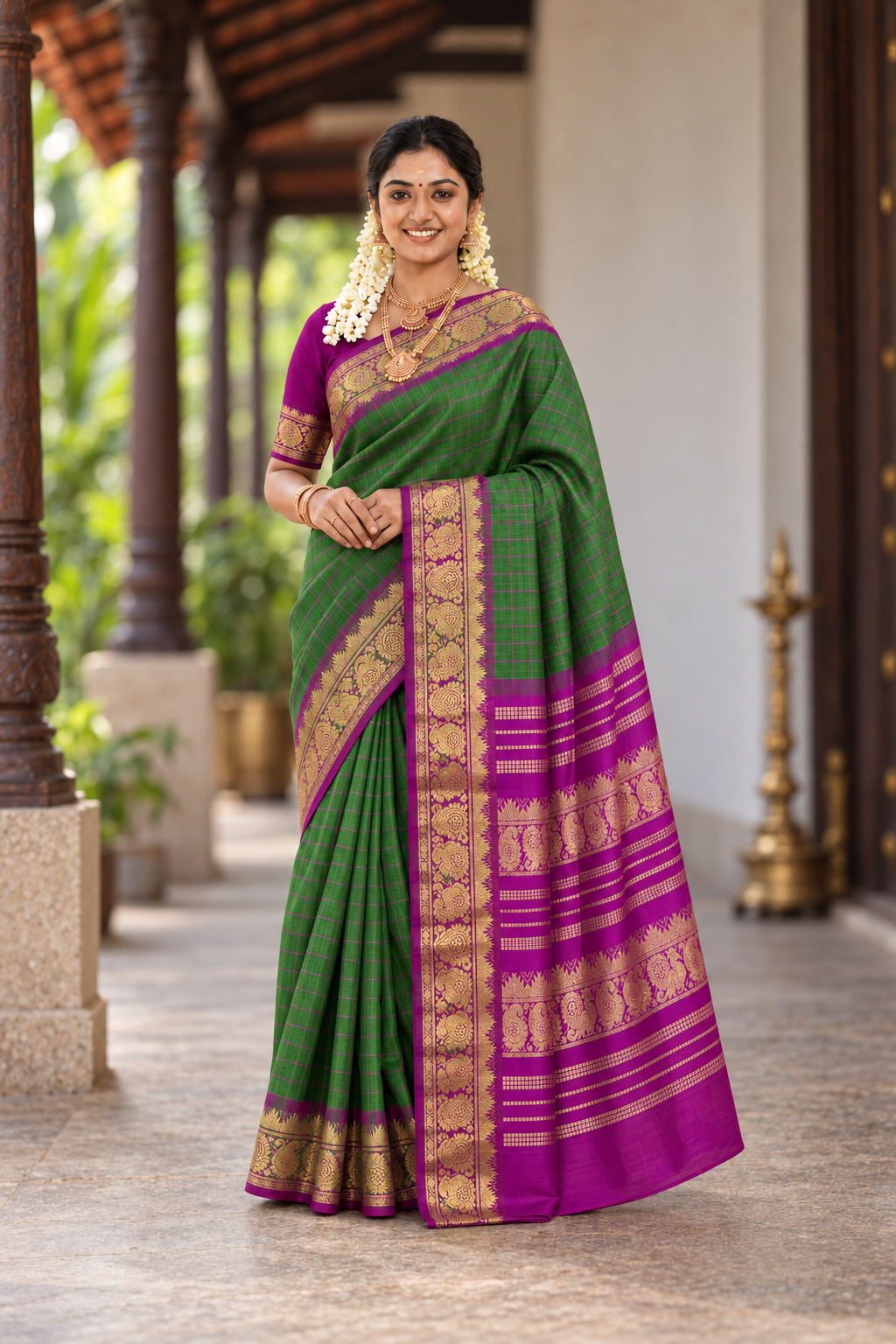Olive Green Checked Saree With Checked Pattern
