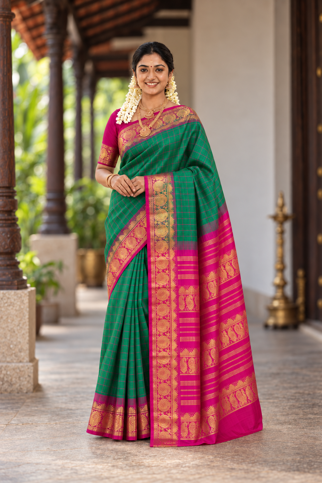 Green Checked Saree With Checked Pattern