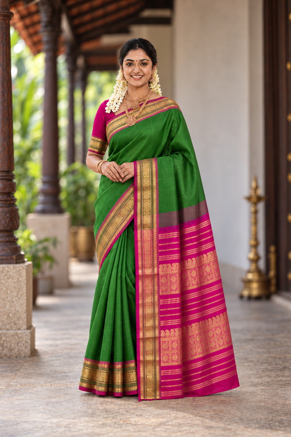 Mehendi Green Half Pure Silk Cotton Saree With Plain Pattern