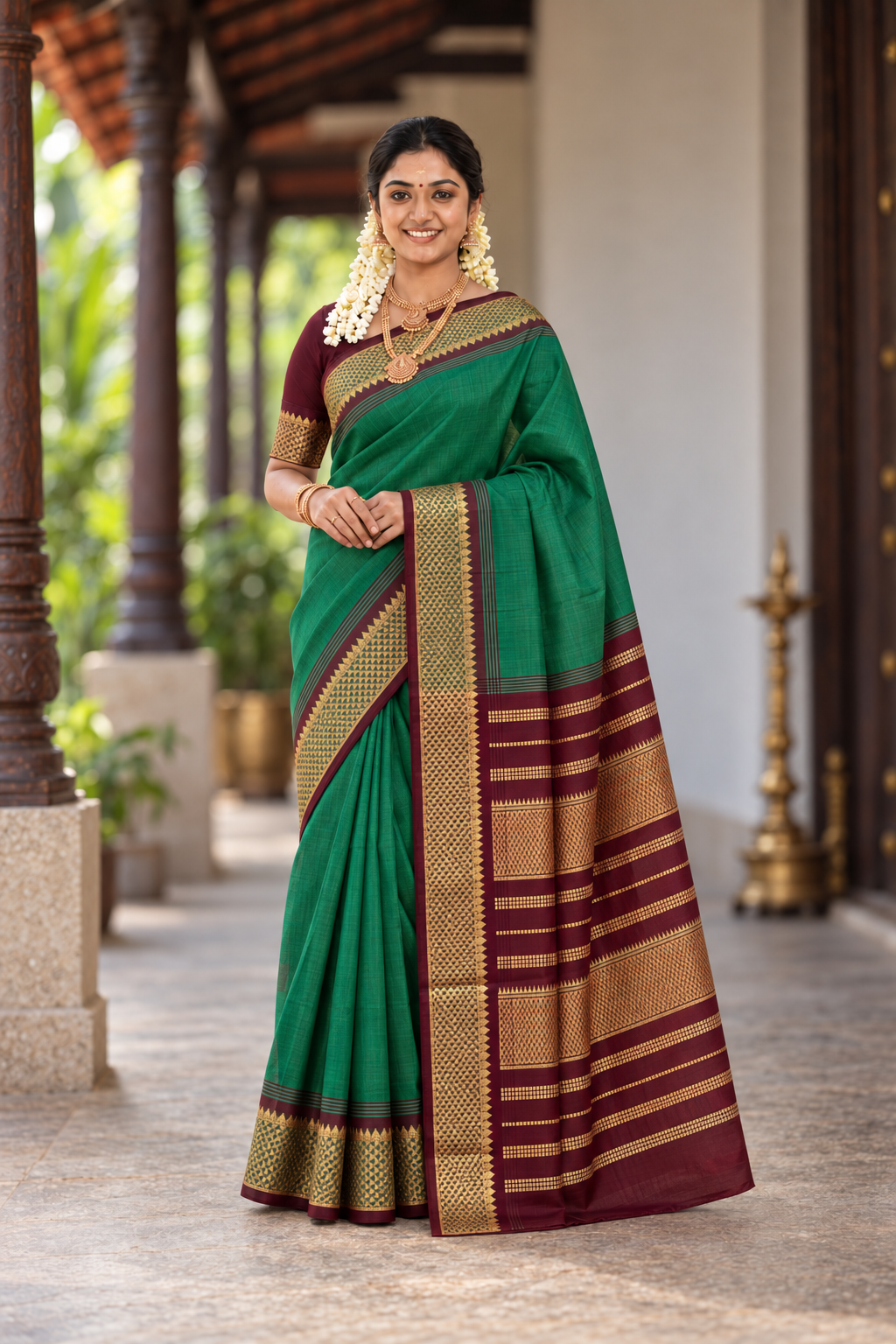Green Half Pure Silk Cotton Saree With Plain Pattern