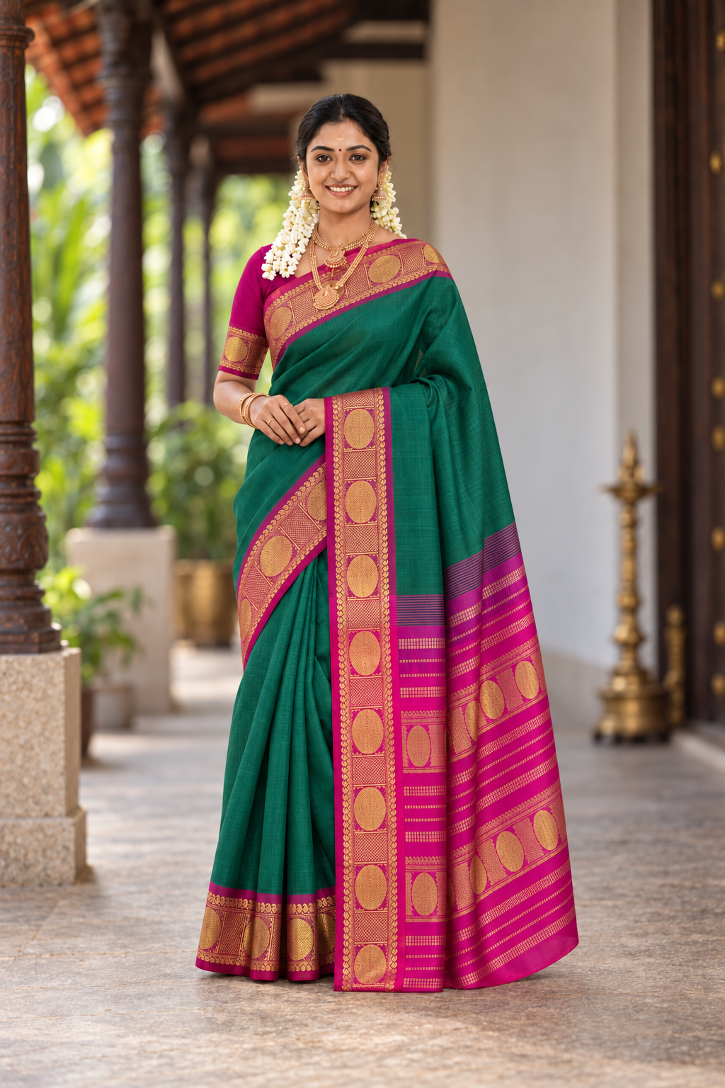 Green Half Pure Silk Cotton Saree With Plain Pattern