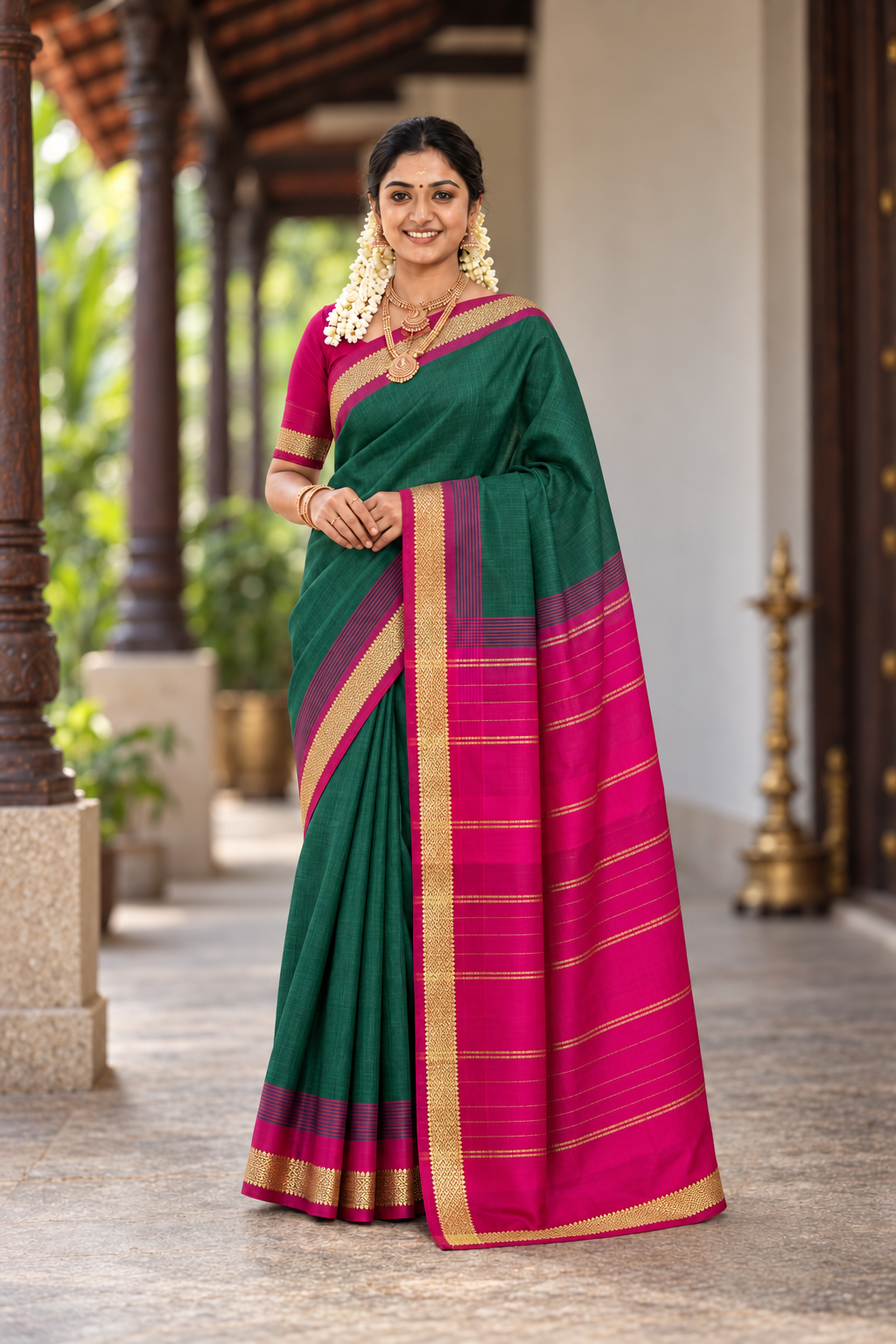 Green Half Pure Silk Cotton Saree With Plain Pattern
