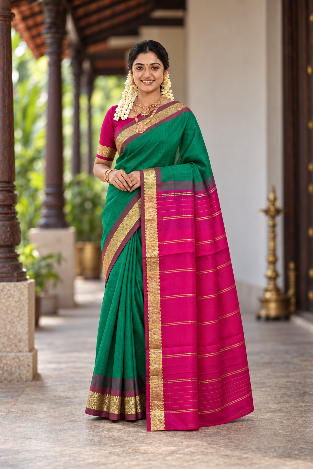 Green Half Pure Silk Cotton Saree With Plain Pattern