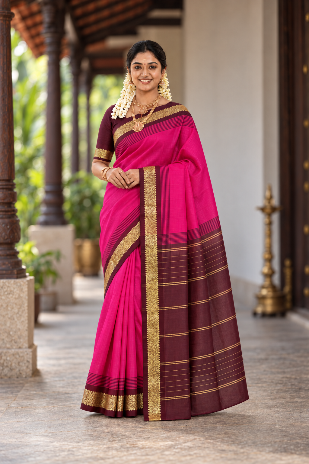 Pink Half Pure Silk Cotton Saree With Plain Pattern
