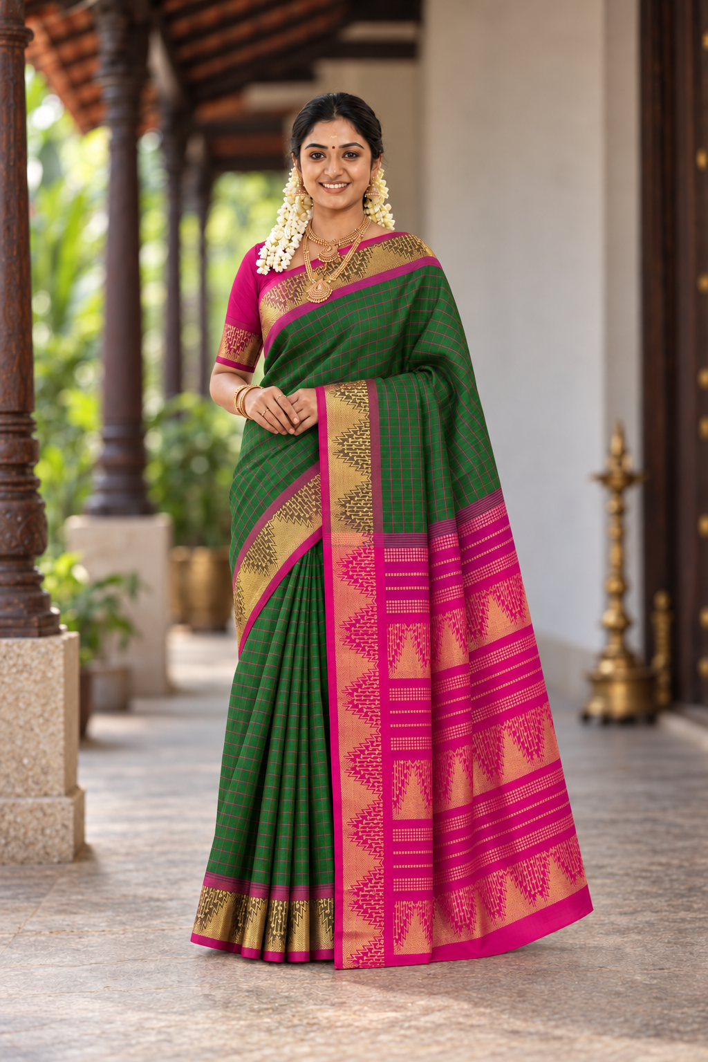 Green Checked Saree With Checked Pattern
