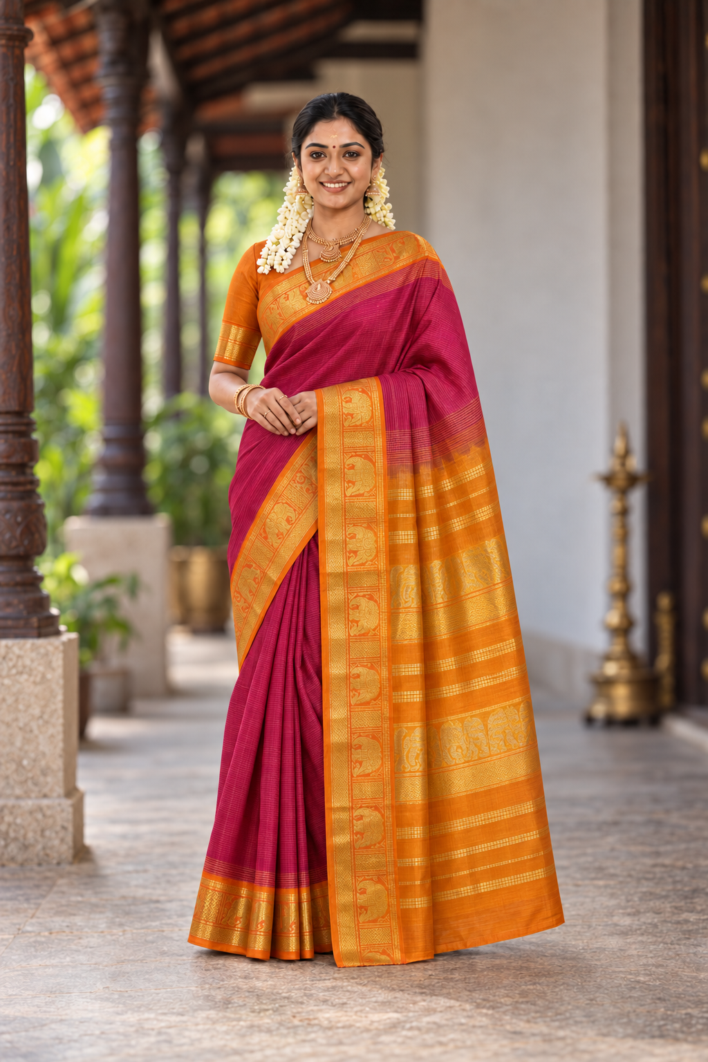 Red Vaira Oosi Silk Cotton Saree With Vaira Oosi Pattern