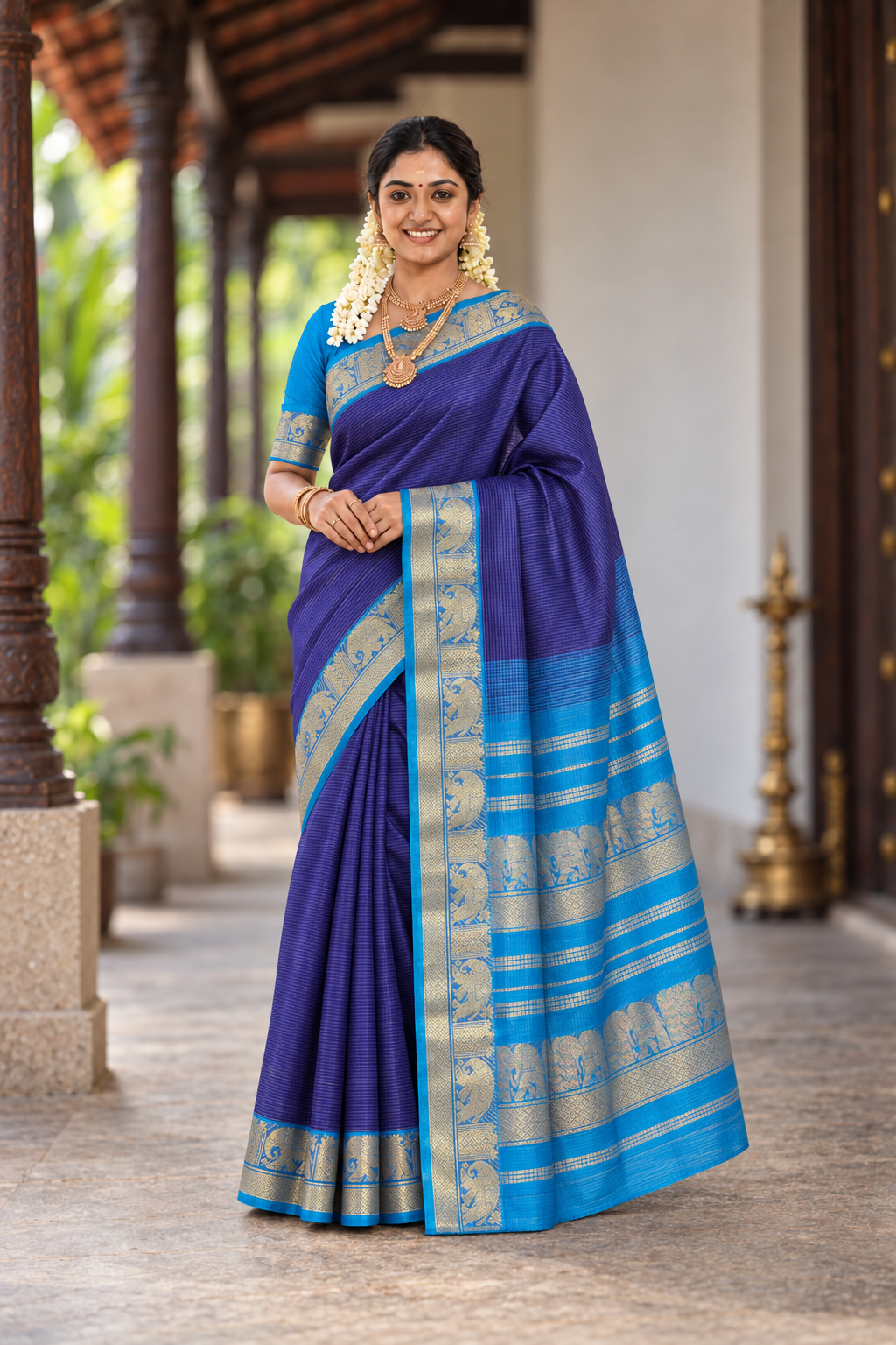 Dark Blue Vaira Oosi Silk Cotton Saree With Vaira Oosi Pattern