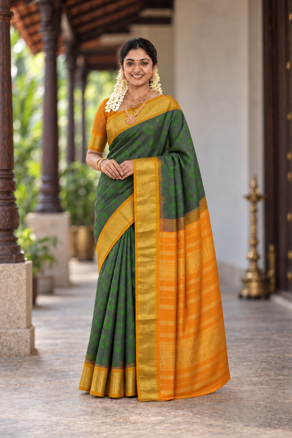Dual Tone Green Half Pure Silk Cotton Saree With Embossed Pattern