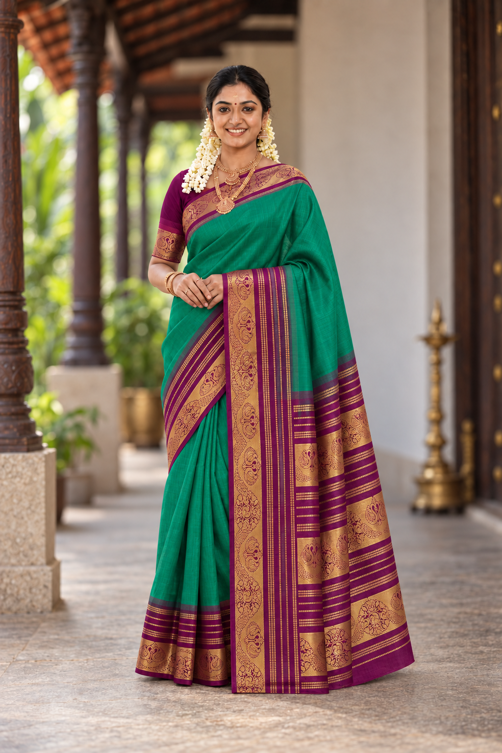 Green Half Pure Silk Cotton Saree With Plain Pattern