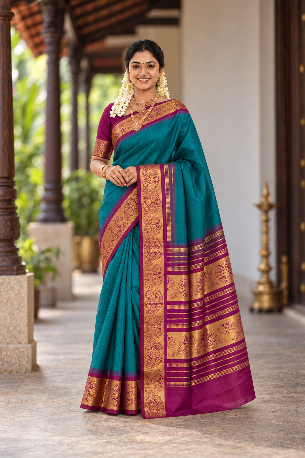Peacock Green Half Pure Silk Cotton Saree With Plain Pattern