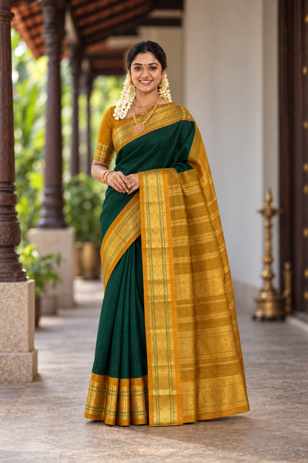 Bottle Green Korvai Silk Cotton Saree With Plain Pattern
