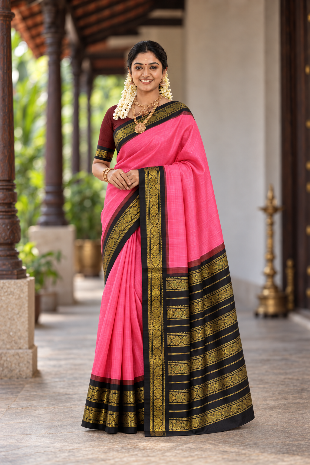 Peach Pink Korvai Silk Cotton Saree With Plain Pattern