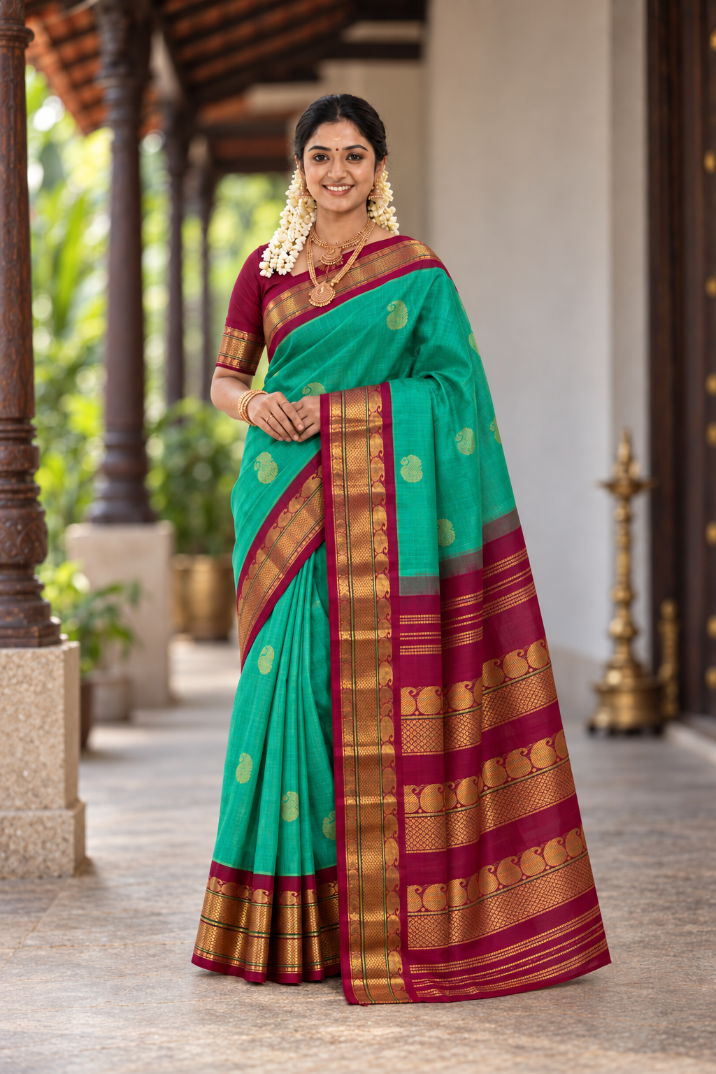 Sea Green Korvai Silk Cotton Saree With Zari Buttas Pattern