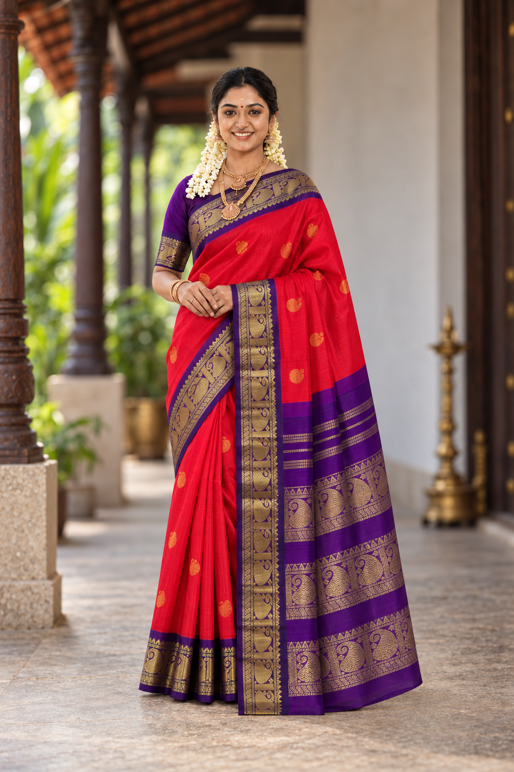 Bright Red Korvai Silk Cotton Saree With Zari Buttas Pattern