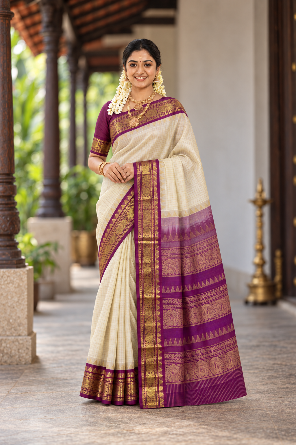 Off White Checked Saree With Zari Checked Pattern