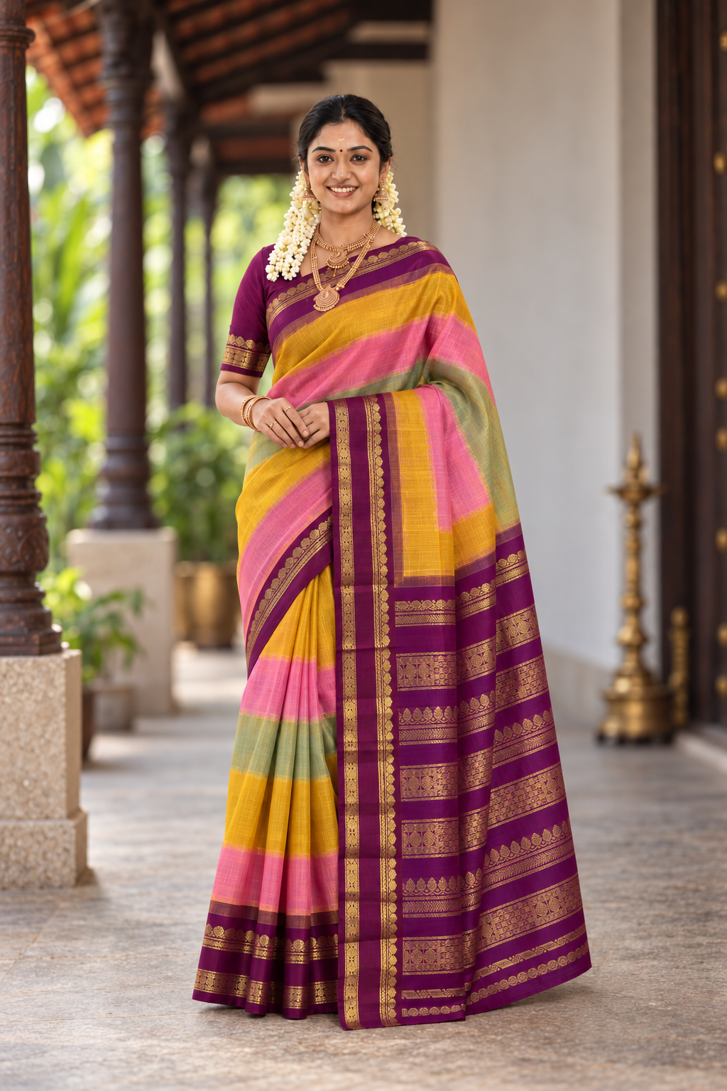 Multi Colour Korvai Silk Cotton Saree With Stripes Pattern