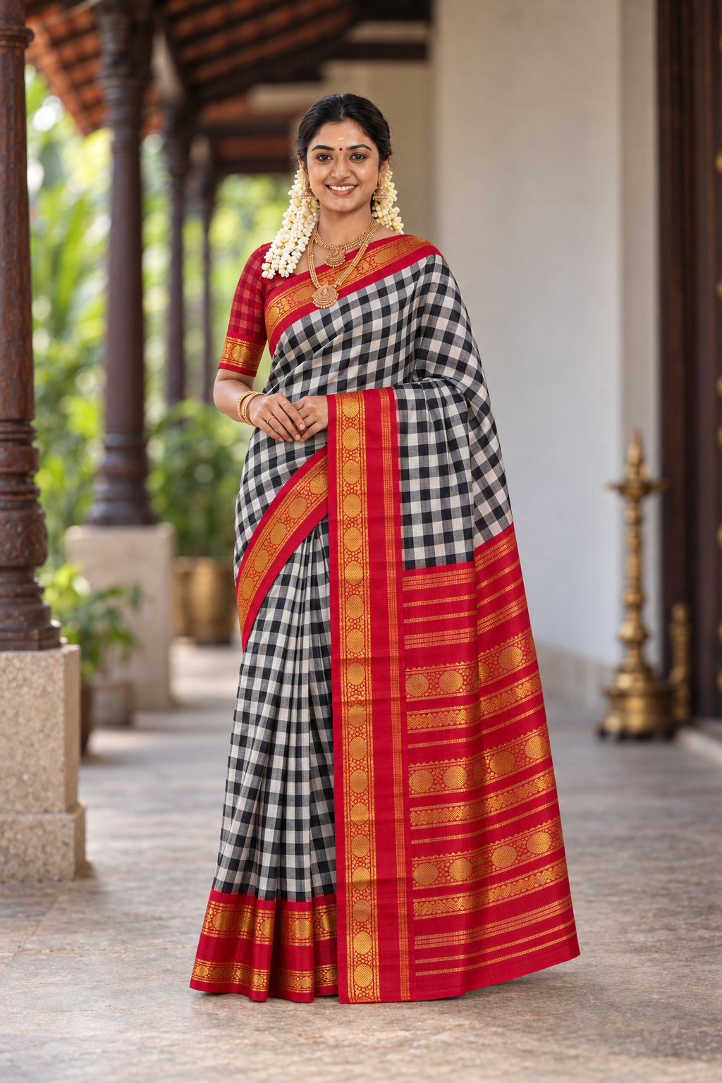 Multi Colour Checked Saree With Checked Pattern
