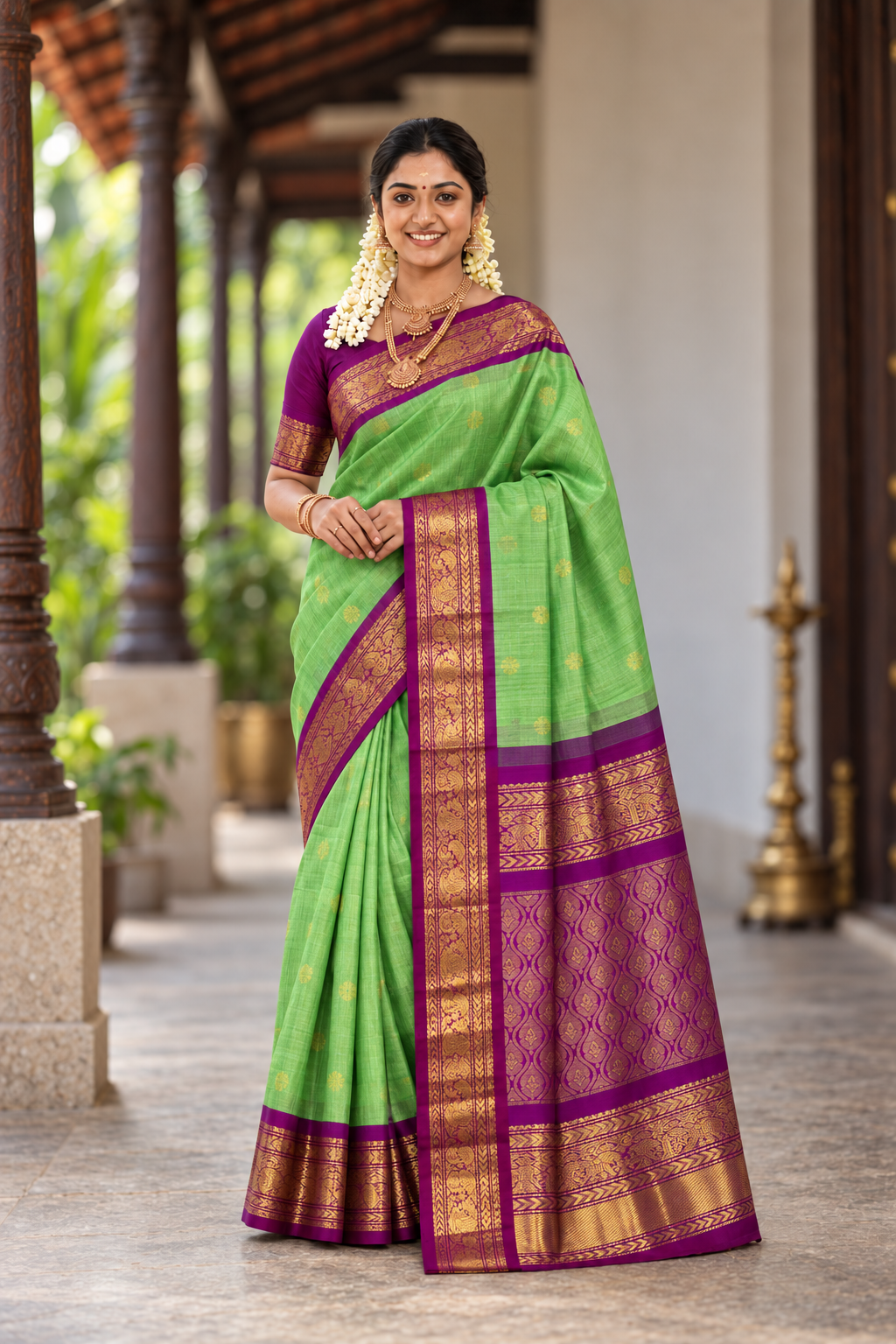 Pista Green Kuppadam Silk Cotton Saree With Zari Buttas Pattern