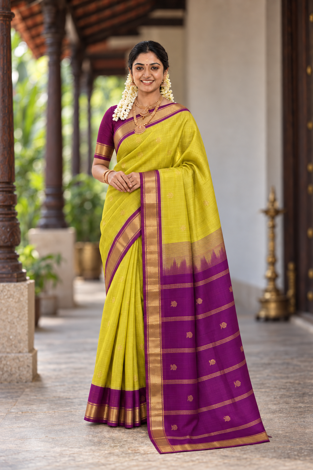 Mustard Yellow Simple Silk Cotton Saree With Buttas Pattern