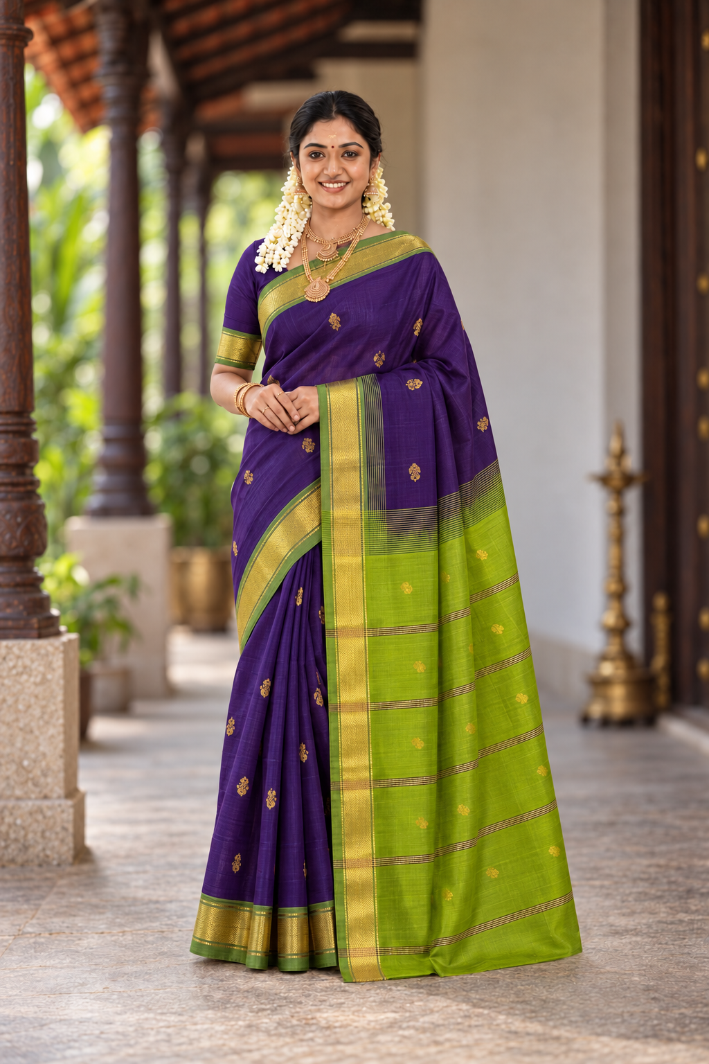 Dark Violet Simple Silk Cotton Saree With Buttas Pattern
