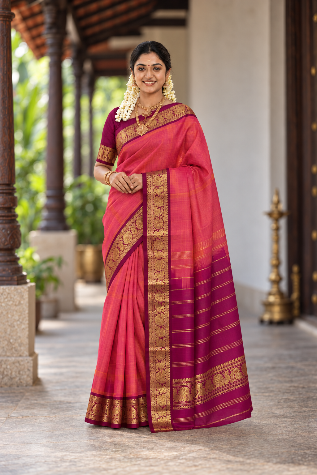 Pink Simple Silk Cotton Saree With Plain Pattern