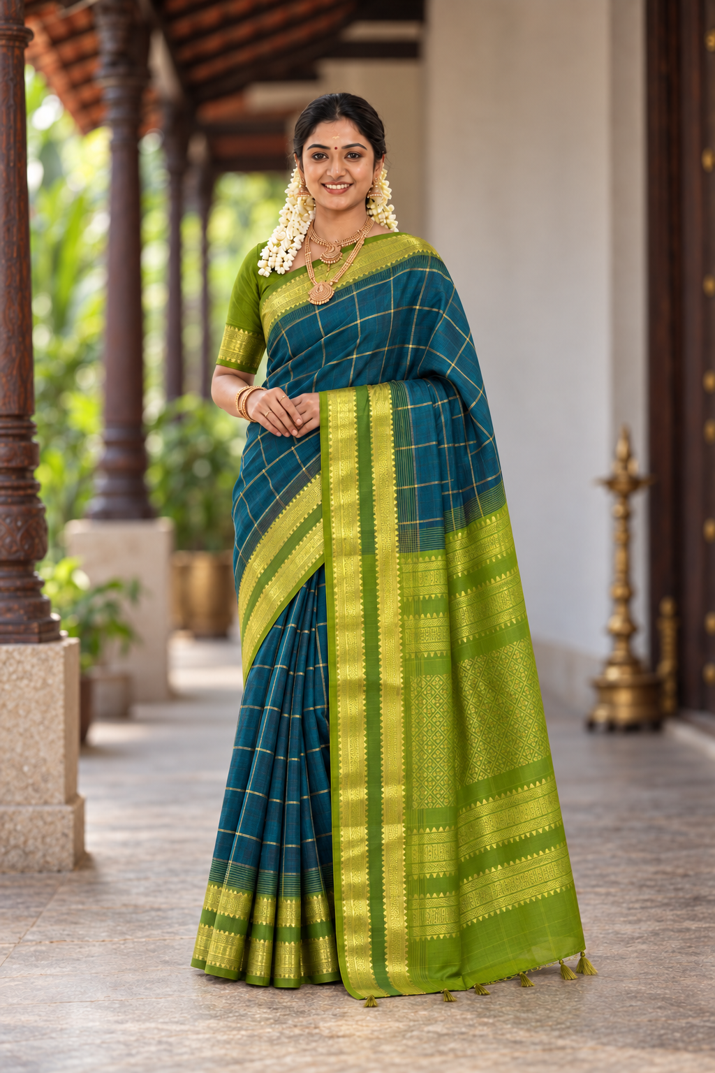 Dark Green Simple Silk Cotton Saree With Zari Checked Pattern