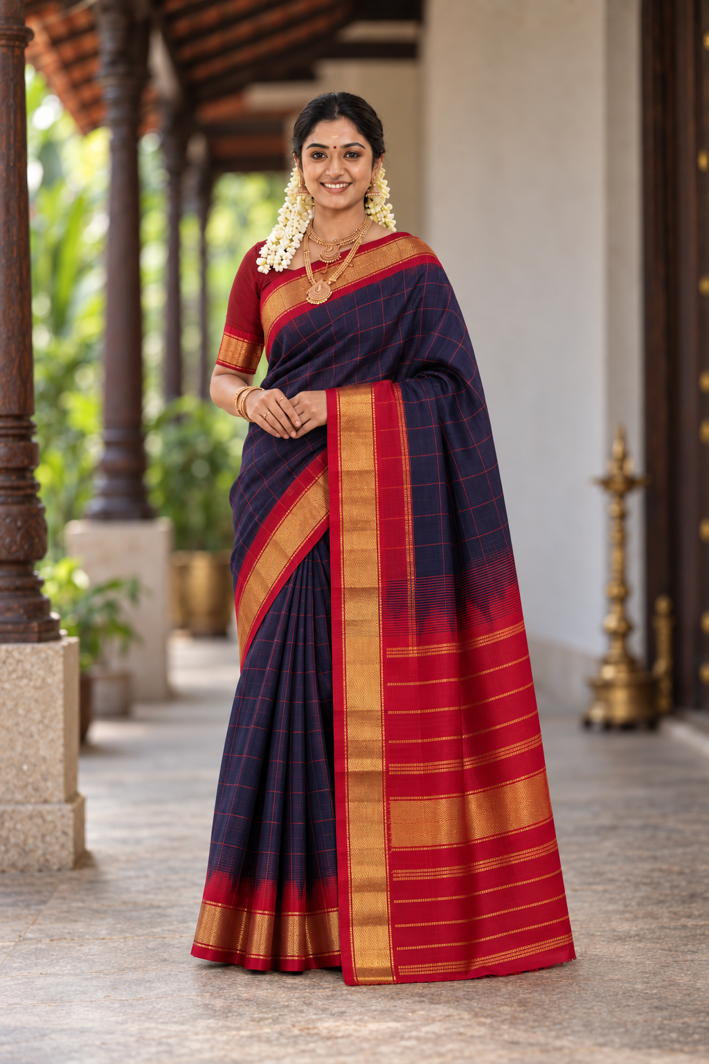 Blackish Blue Simple Silk Cotton Saree With Checked Pattern