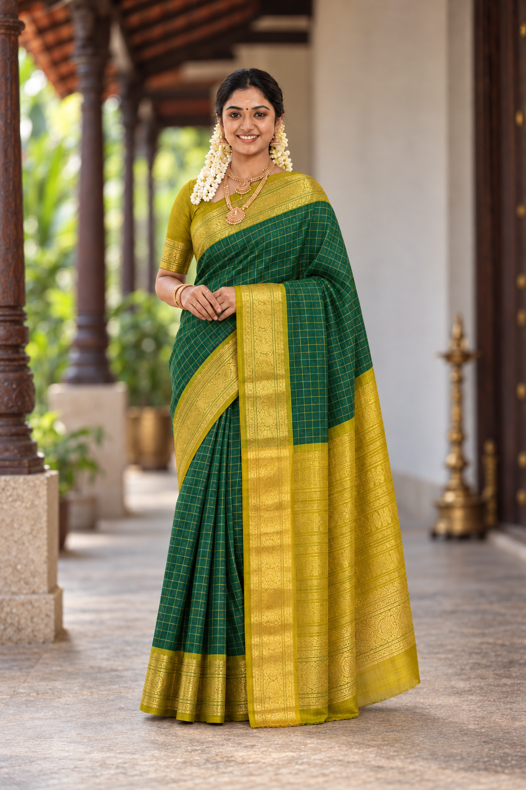 Dark Green Bridal Silk Cotton Saree With Laksha Deepam Design Pattern