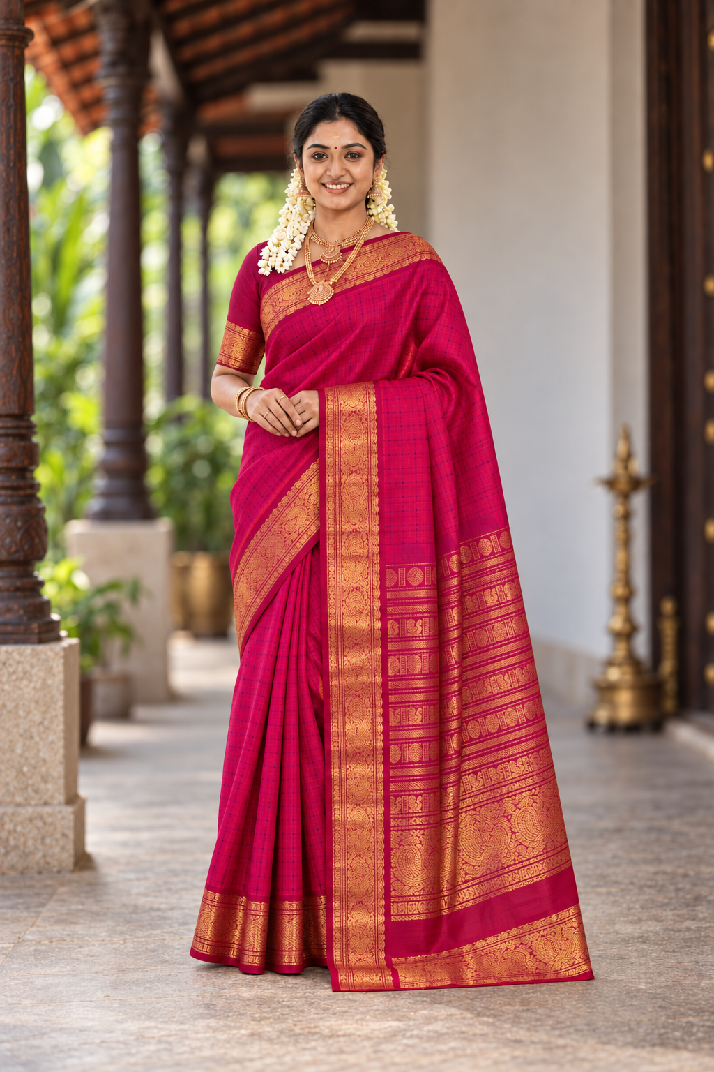 Pink Bridal Silk Cotton Saree With Laksha Deepam Design Pattern